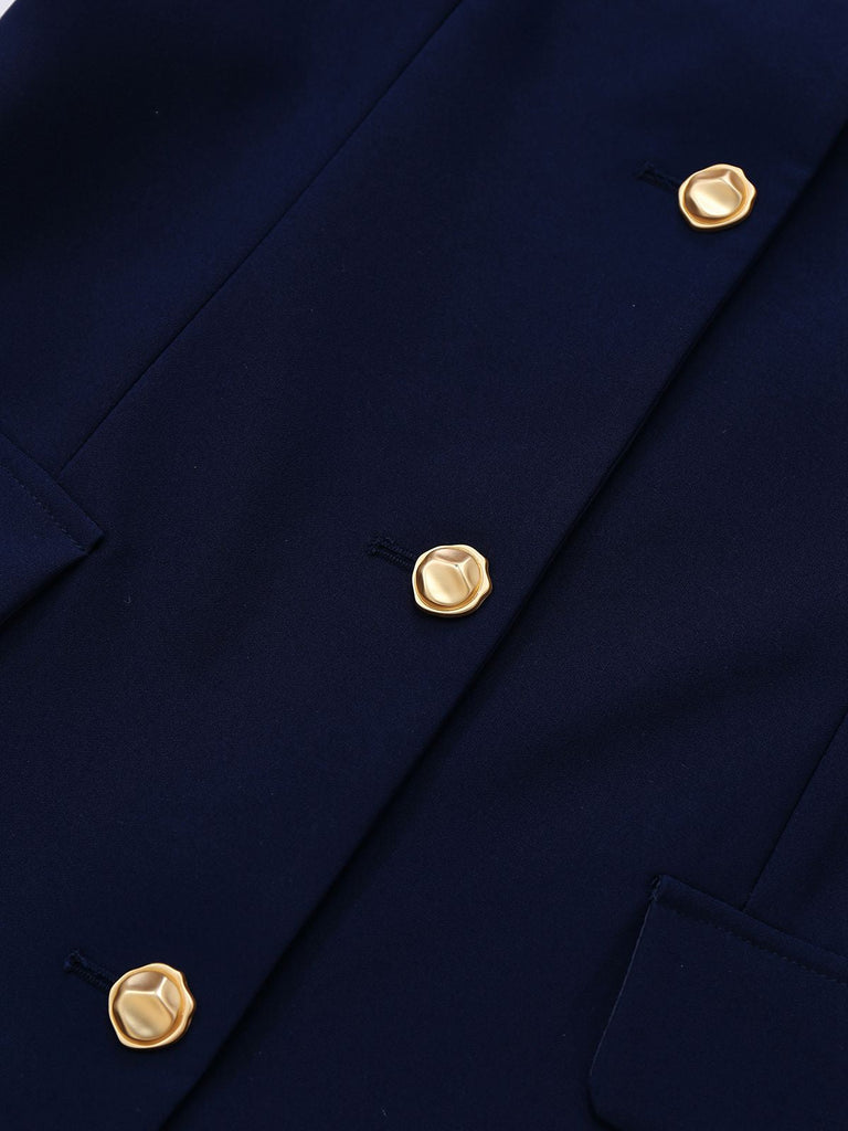 Dunkelblau 1960er Kontrast Rohe Manschetten Tasten Kleid