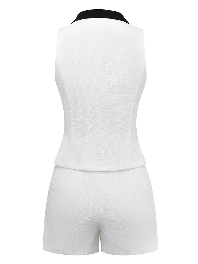 2PCS Weiß 1960er Revers Kragen Taste Ärmellos Top & Shorts