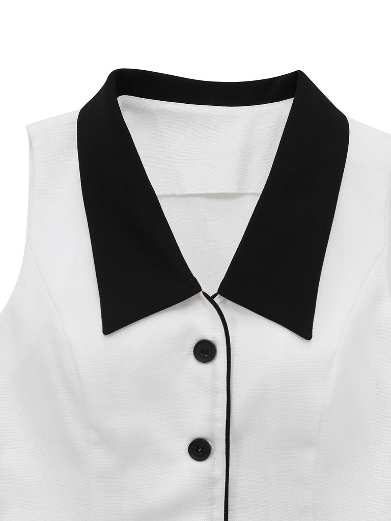 2PCS Weiß 1960er Revers Kragen Taste Ärmellos Top & Shorts