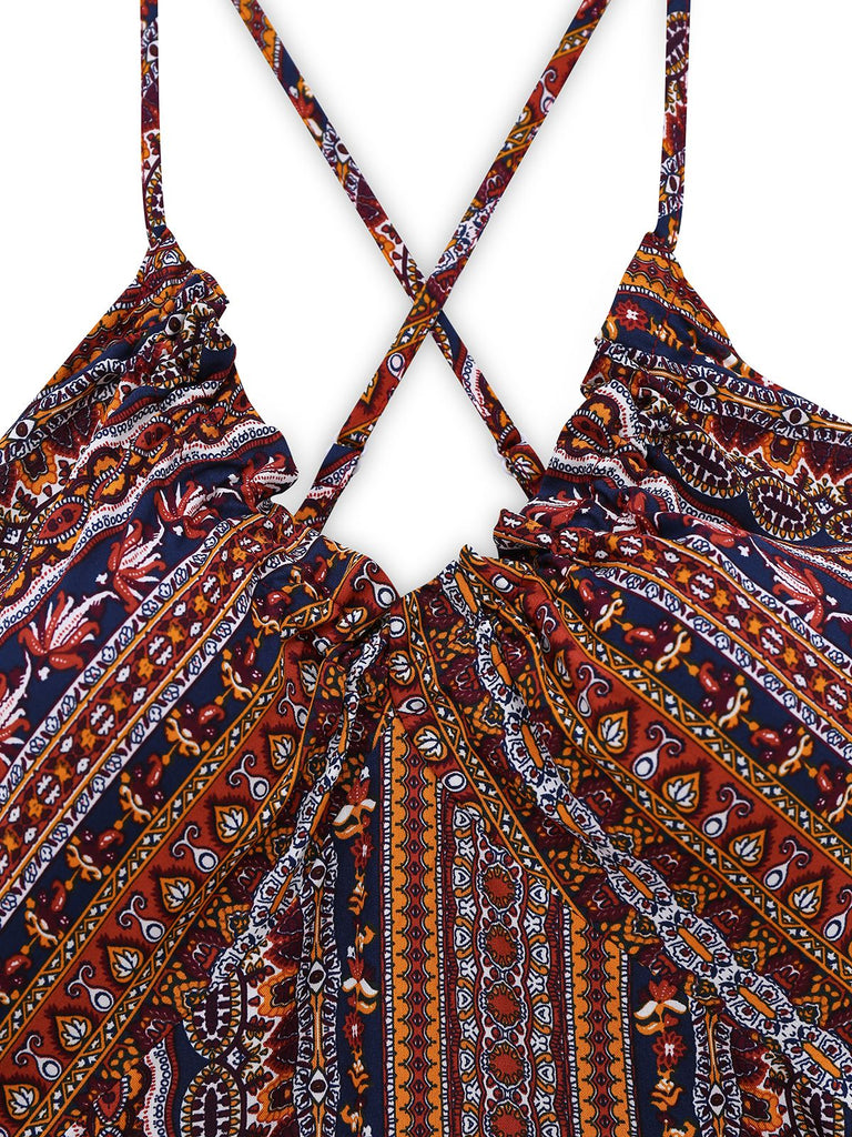 1970er Unregelmäßiger Druck Rückenfrei Boho Kleid