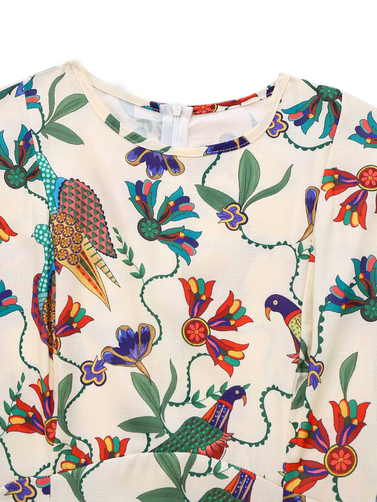 Beige 1940er Blumen & Vögel Druck Puffärmel Kleid