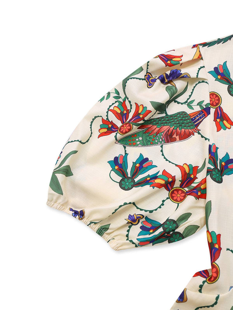 Beige 1940er Blumen & Vögel Druck Puffärmel Kleid