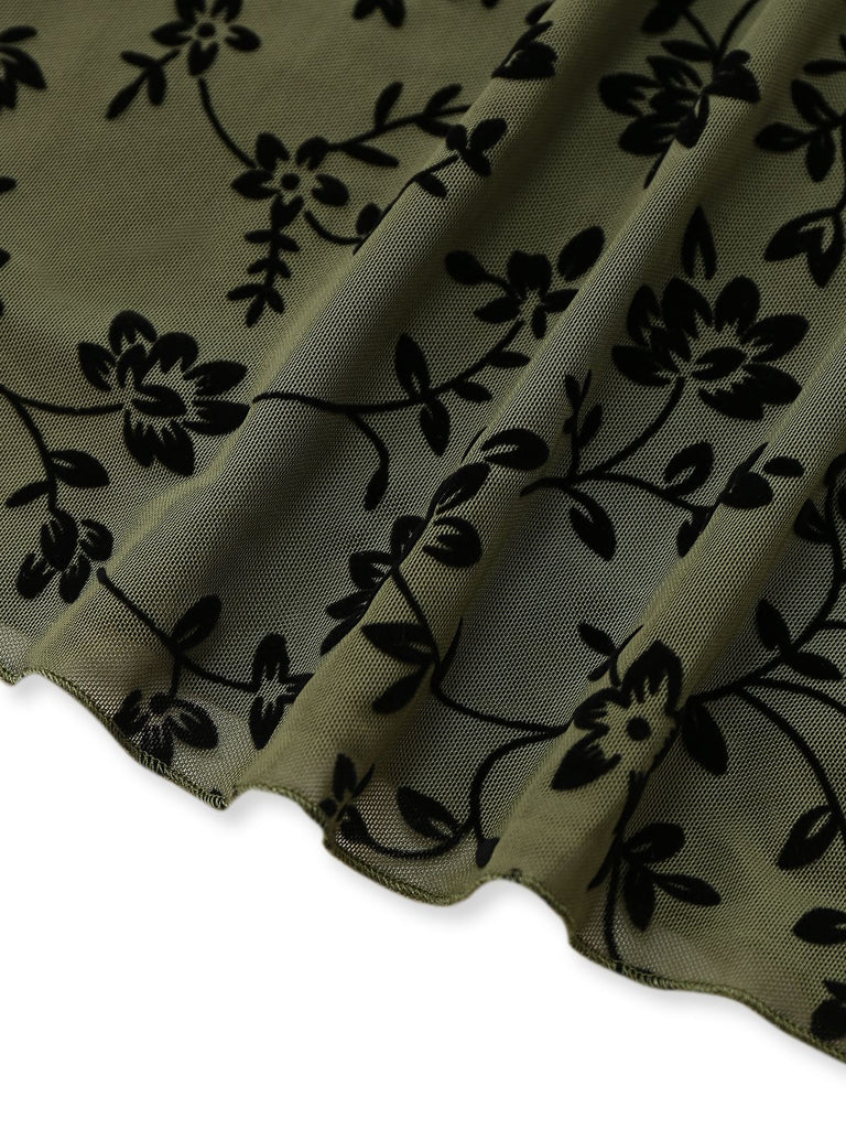 Grün 1960er V-Ausschnitt Blumen Beflocktes A-linie Kleid