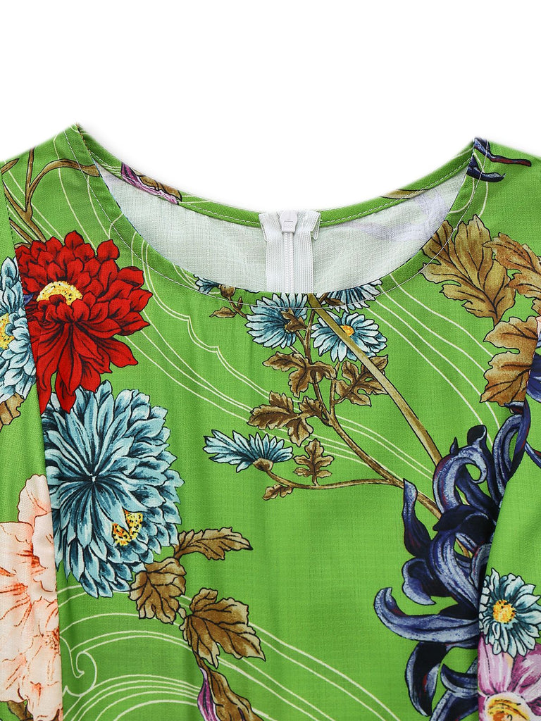 Grün 1940er Blumen Gekritzel Puffärmel Kleid