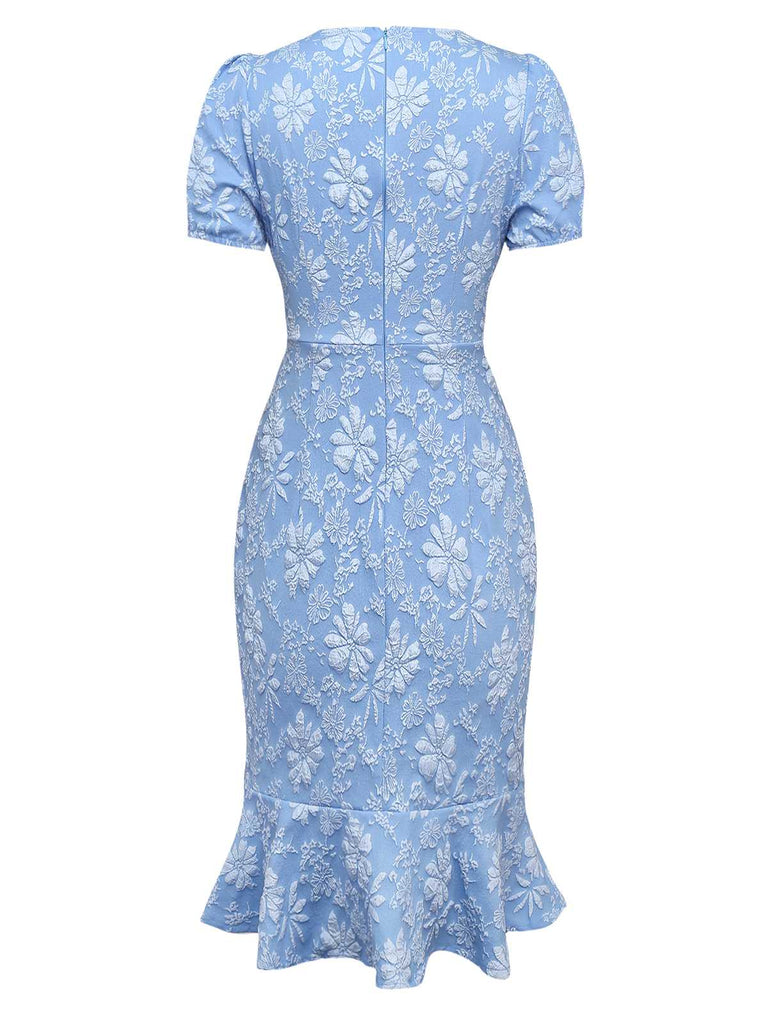 Hellblau 1960er Gänseblümchen Puffärmel Kleid