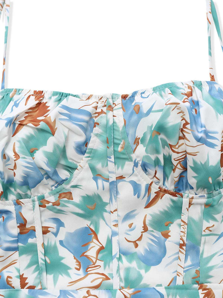 1950er Spaghetti Träger Blumen Rückenfrei Seitenschlitz Kleid