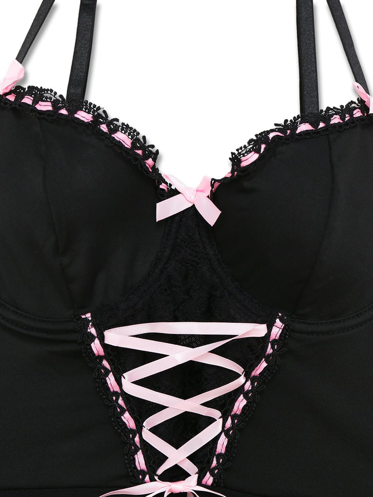 Schwarz 1950er Spaghetti Träger Bogen Spitze Nachtwäsche