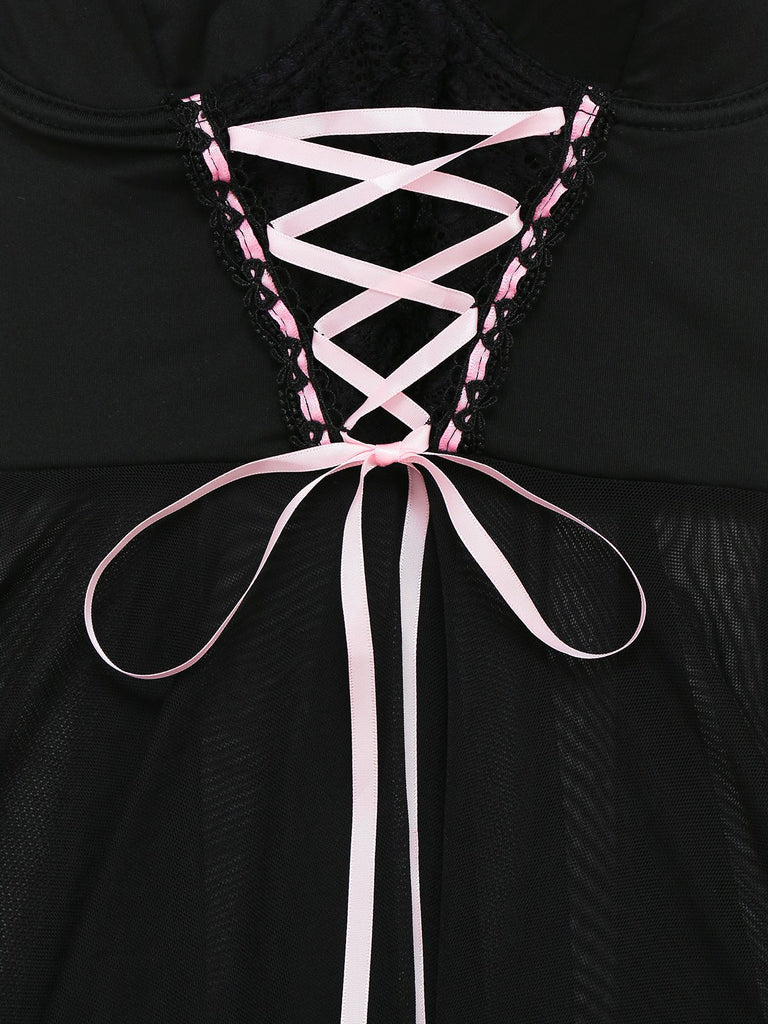 Schwarz 1950er Spaghetti Träger Bogen Spitze Nachtwäsche