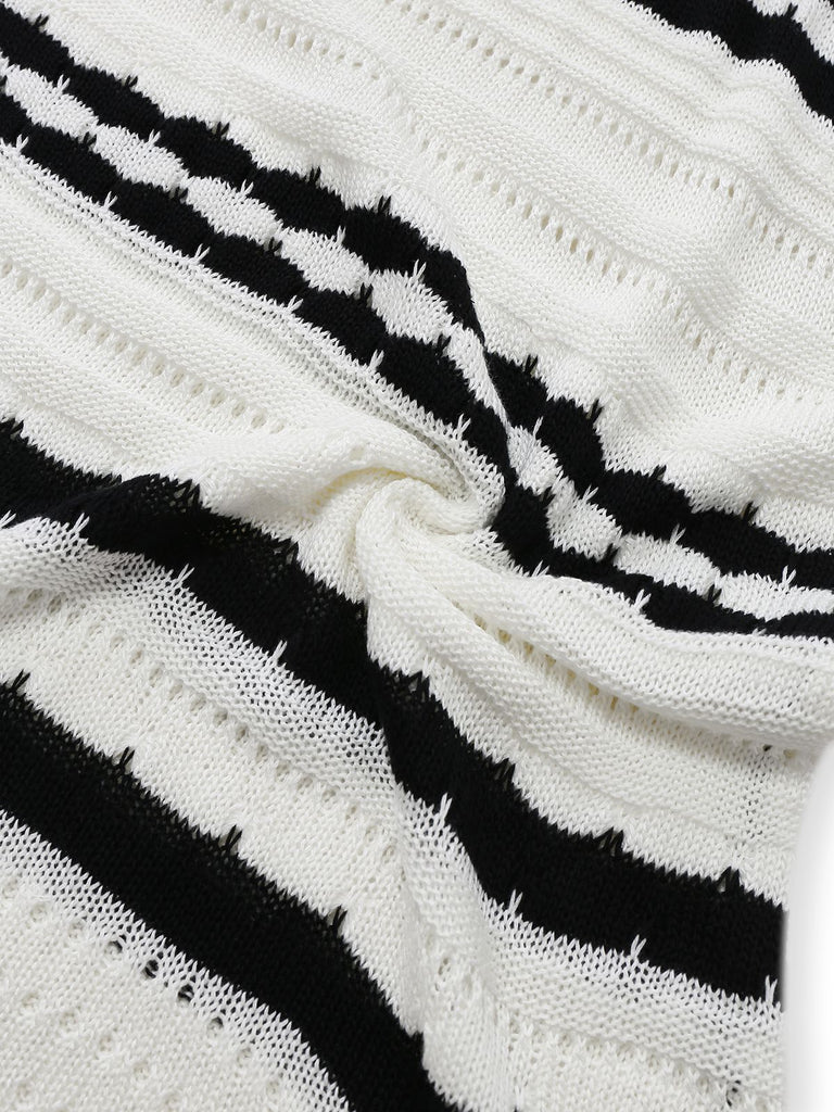 Weiß 1970er Streifen Stricken Enges Kleid