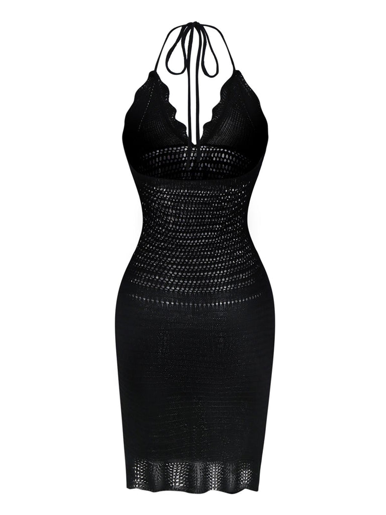 Schwarz 1970er Solide Halter Stricken Kleid