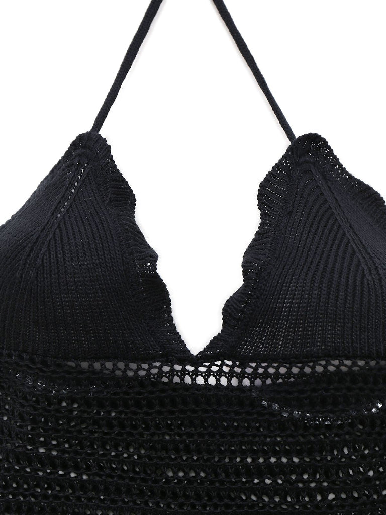 Schwarz 1970er Solide Halter Stricken Kleid