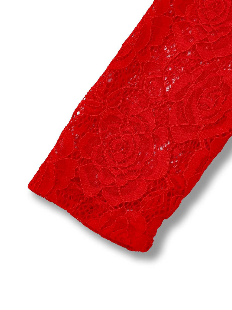 Rot 1980er Hochkragen Sheer Spitze Bodycon Maxi Kleid