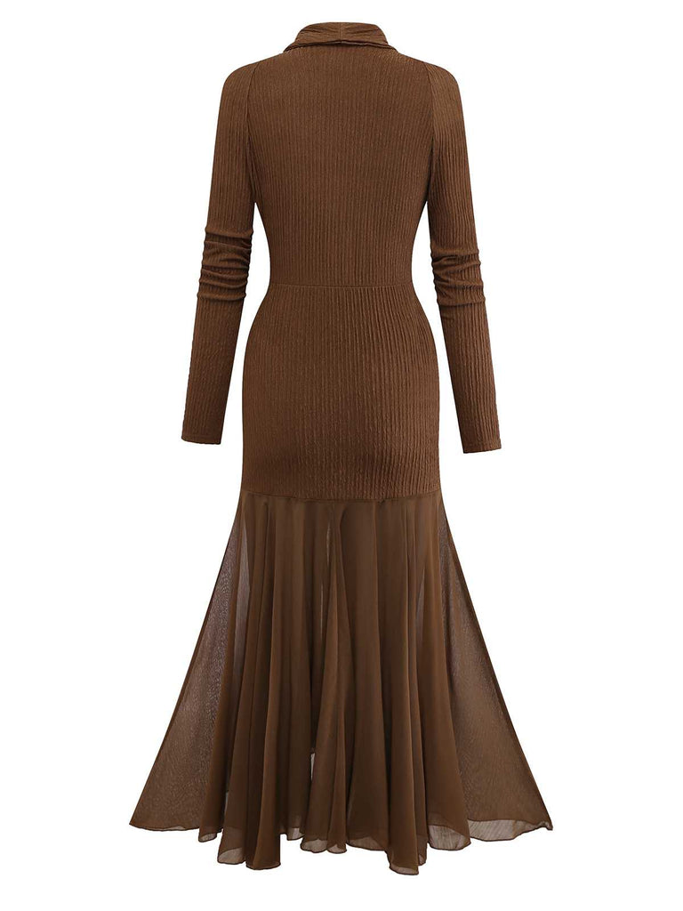 1930er V-Ausschnitt Texturiert Netz Saum Meerjungfrau Kleid