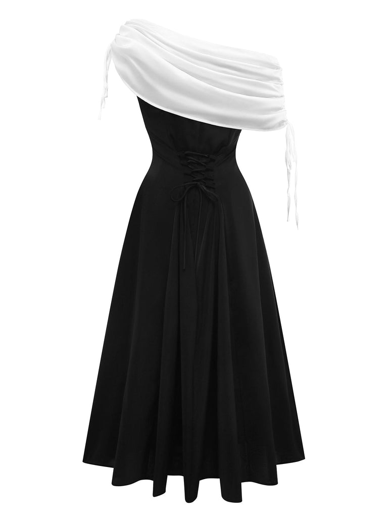 Schwarz 1980er Kontrast Schulterfrei Kleid