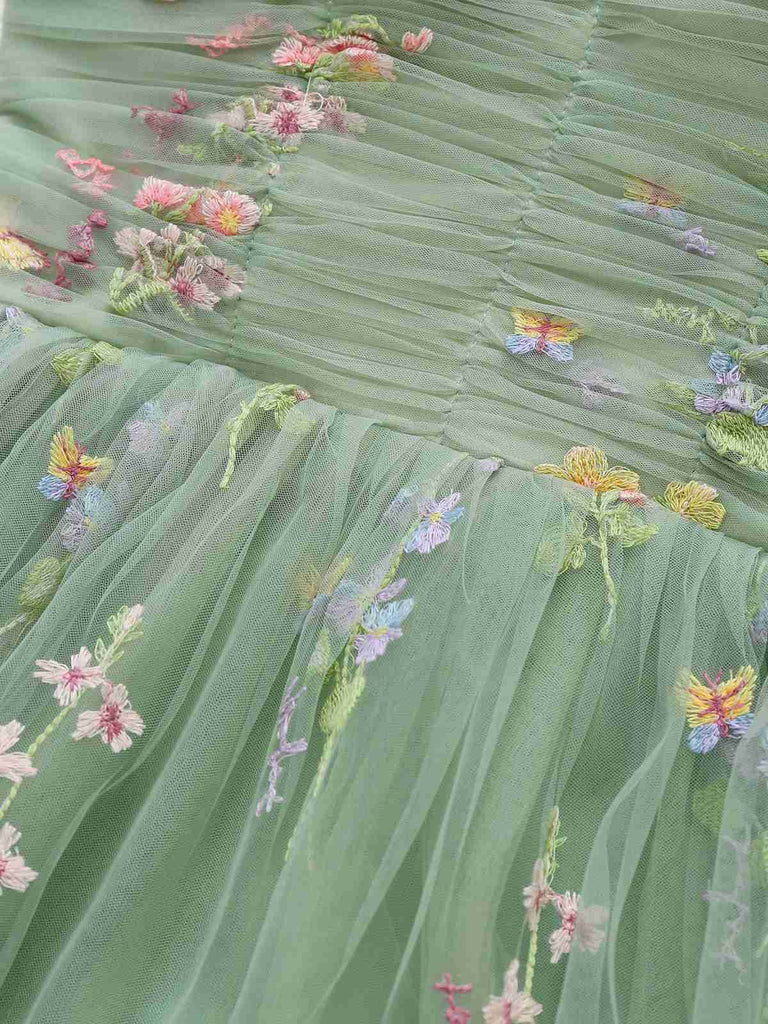 Grün 1930er Schulterkrawatte Stickerei Blumen Netz Kleid