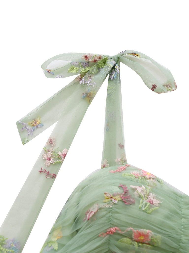 Grün 1930er Schulterkrawatte Stickerei Blumen Netz Kleid