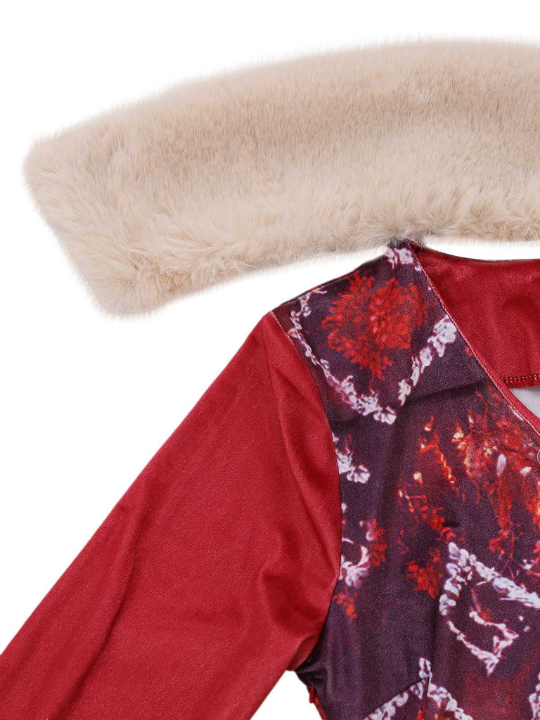 Rot 1970er Abnehmbar Pelz Kragen Boho Kleid