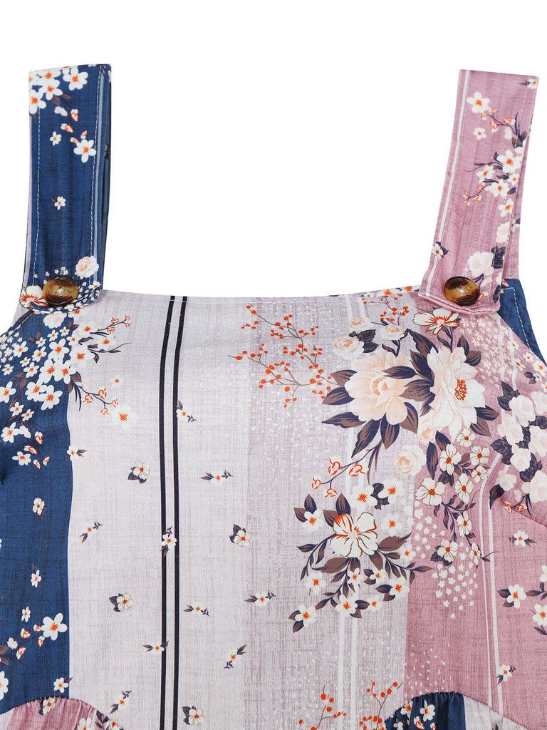 1930er Blumen Farbblock Hohe-Taille Straps Jumpsuit