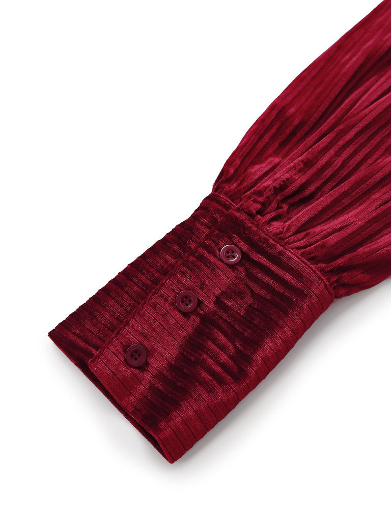 Burgunderrot 1960er Bogen Kragen Solide Samt Rüschen Kleid