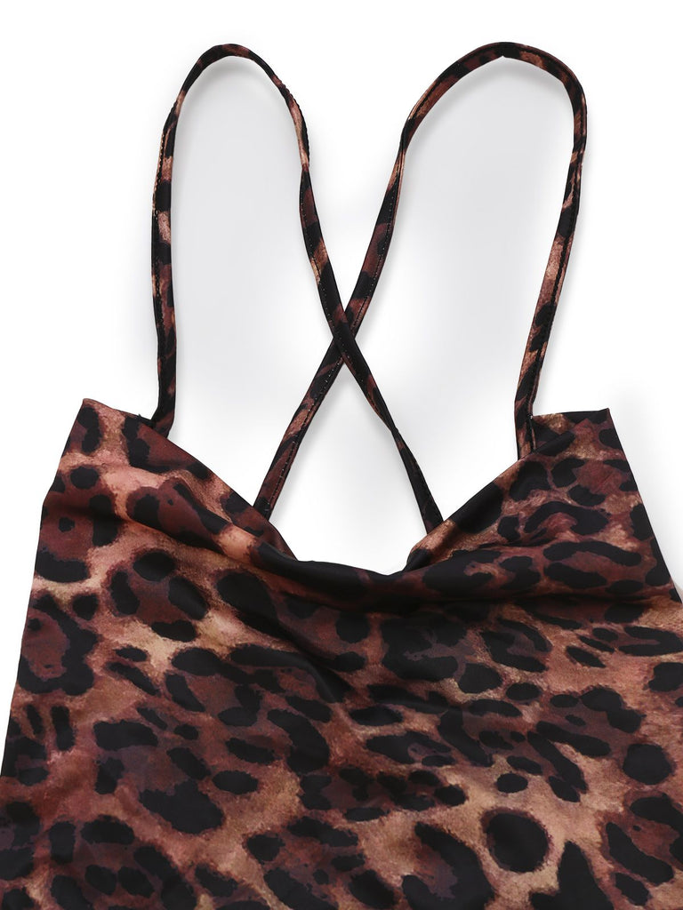 1930er Leopard Drucken Rückenfrei Spaghetti Träger Kleid