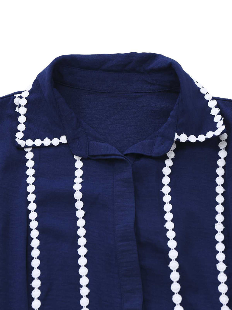 Dunkelblau 1940er Kontrastbesatz Gürtel Hemd Kleid