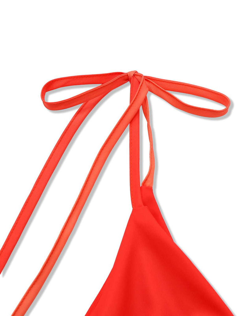 Orange 1930er Hosenträger V-Ausschnitt Gradient Plissiertes Maxi Kleid