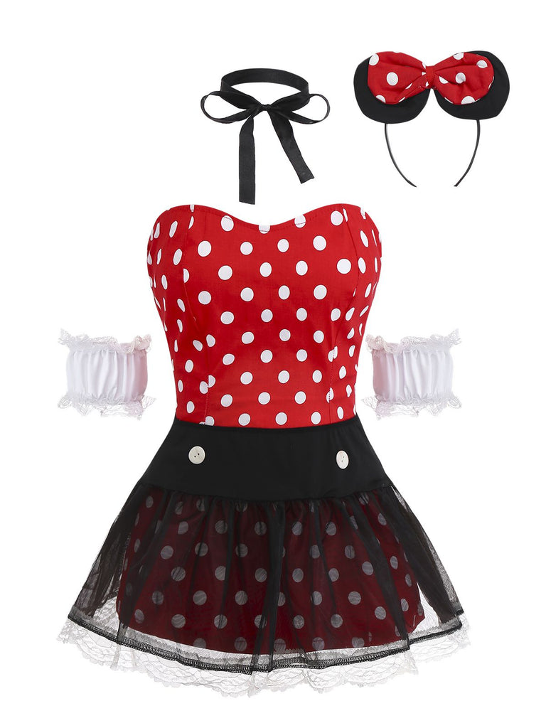 Rot 1980er Polka Dot Kleid & Netz Rock Set