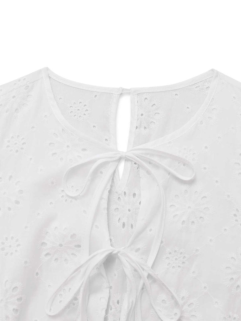 Weiß 1950er Reine Baumwolle Öse Puffärmel Top