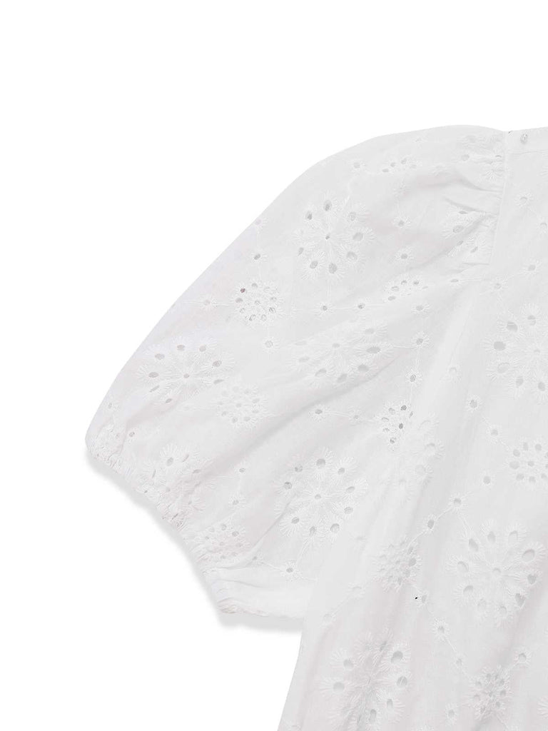 Weiß 1950er Reine Baumwolle Öse Puffärmel Top