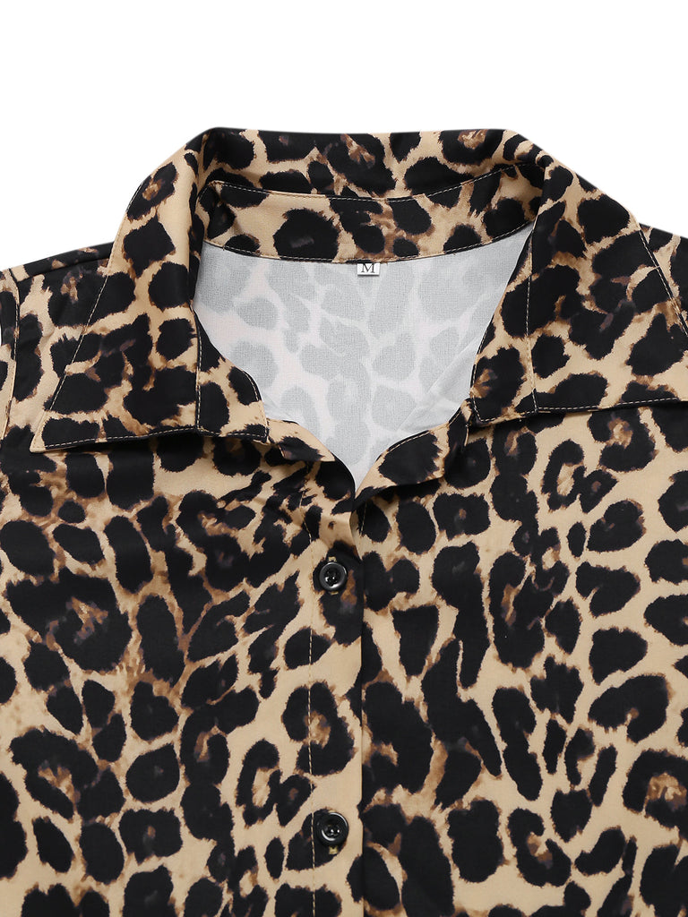 1970er Revers Leopard Ärmellos Gürtel Jumpsuit