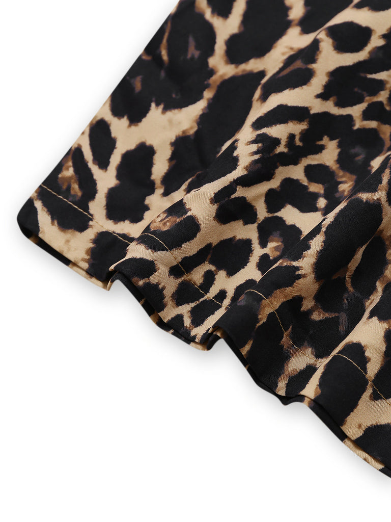 1970er Revers Leopard Ärmellos Gürtel Jumpsuit