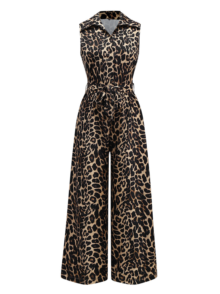 1970er Revers Leopard Ärmellos Gürtel Jumpsuit