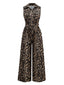 1970er Revers Leopard Ärmellos Gürtel Jumpsuit