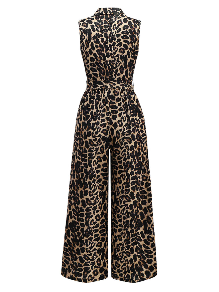 1970er Revers Leopard Ärmellos Gürtel Jumpsuit