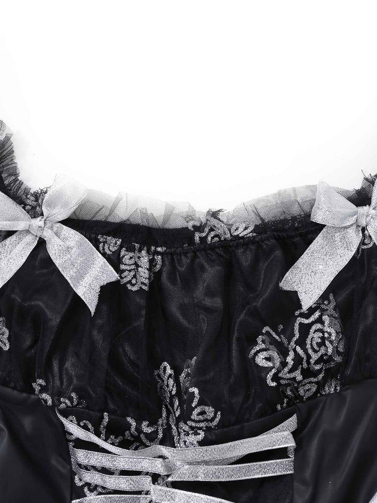 Schwarz 1970er Vampirbraut Schulterfrei Netz Kleid