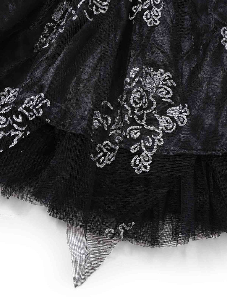 Schwarz 1970er Vampirbraut Schulterfrei Netz Kleid