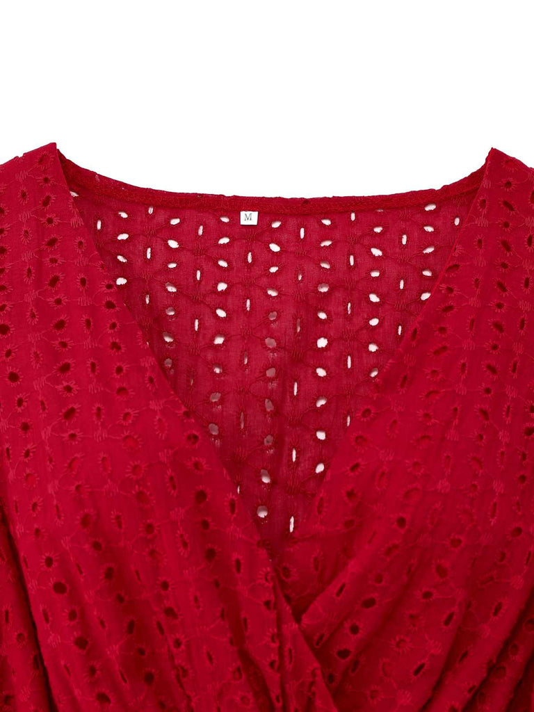 1940er Solide Baumwolle Ausgeschnitten Gesmokt Rüschen Kleid