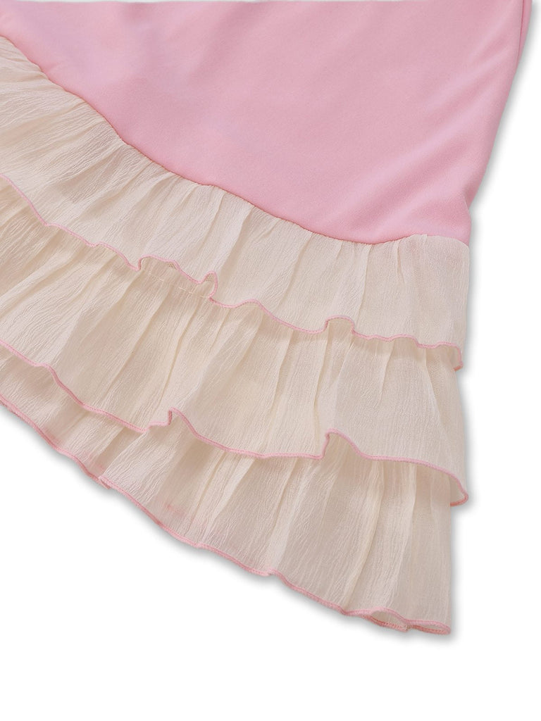 1950er Geschichtet Saum Kontrast Bogen Träger Kleid