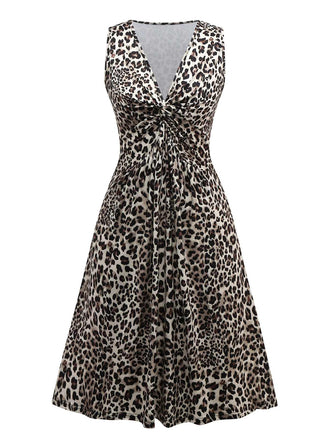 1950er Leopard Plissiertes Breite Träger Kleid
