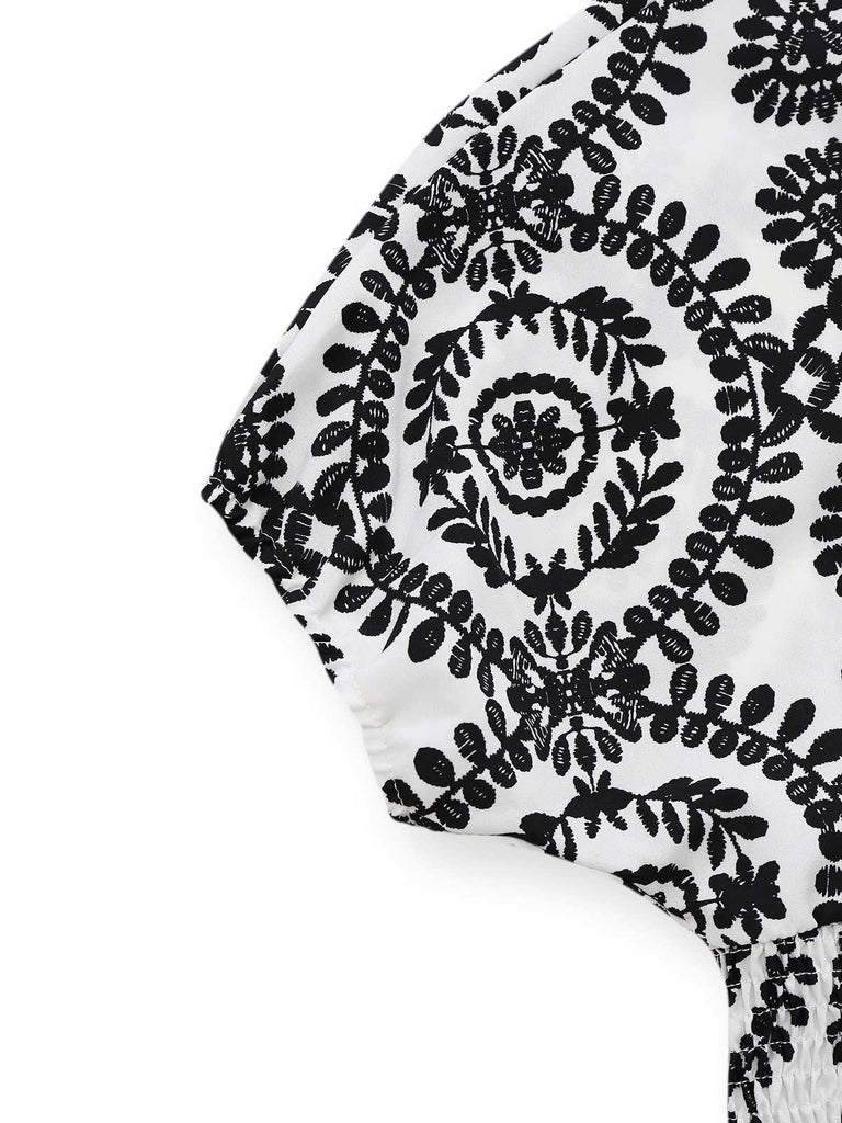 1970er V-Ausschnitt Boho Puffärmel Weites Bein Jumpsuit