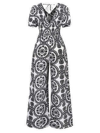 1970er V-Ausschnitt Boho Puffärmel Weites Bein Jumpsuit