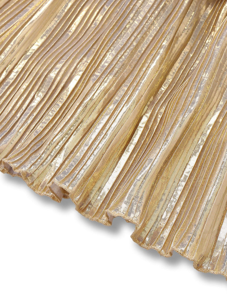 Gold 1930er Metallisch Abgestuft Spaghetti Träger Kleid