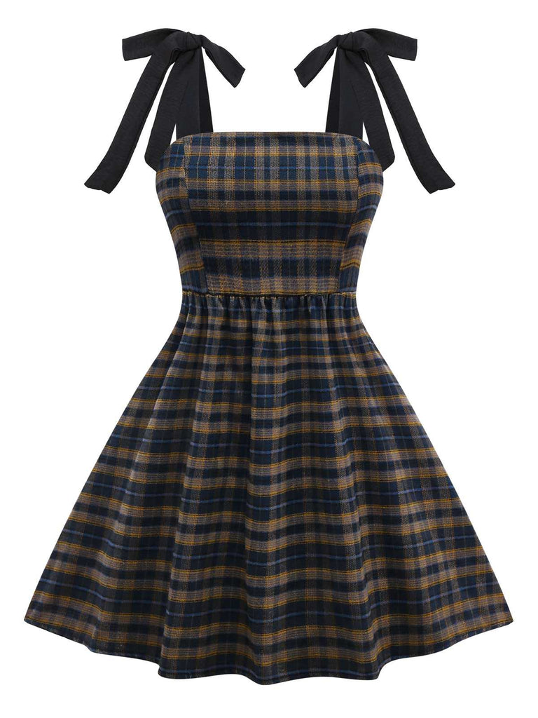 Dunkelkaffee 1950er Bogen Träger Plaid Kleid