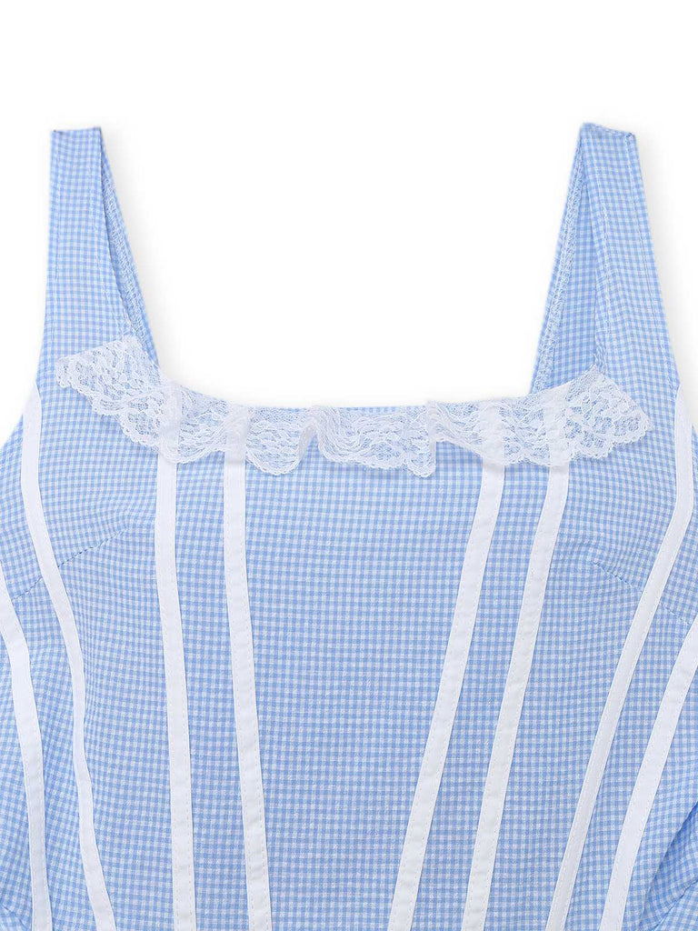 Hellblau 1950er Gingham Spitze Träger Swing Kleid