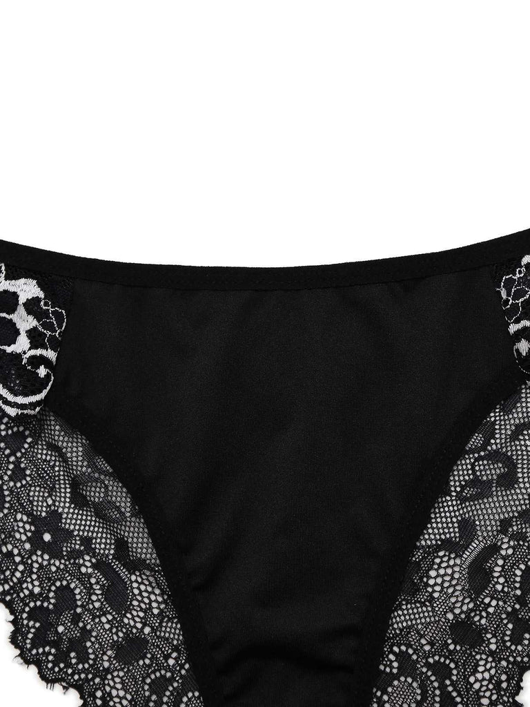 2PCS Schwarz 1950er Samt Spitze Slip Set & Höschen