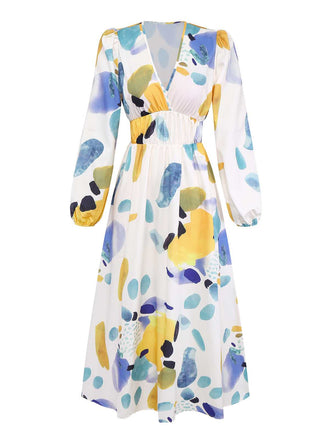 Multicolor 1970er V-Ausschnitt Boho Langarm Maxi Kleid