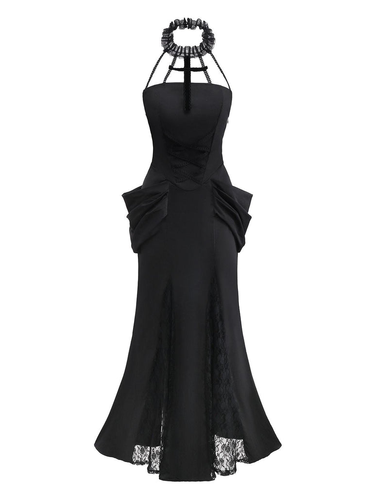Schwarz 1930er Gothic Spitze Halter Meerjungfrauen Kleid
