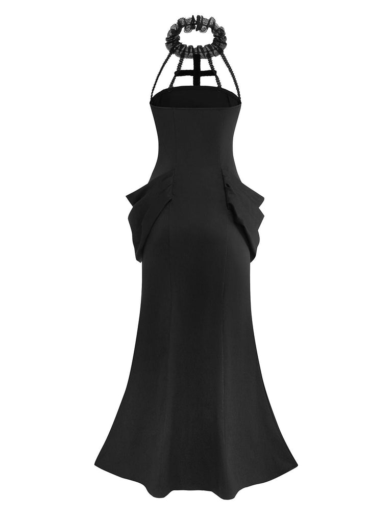 Schwarz 1930er Gothic Spitze Halter Meerjungfrauen Kleid