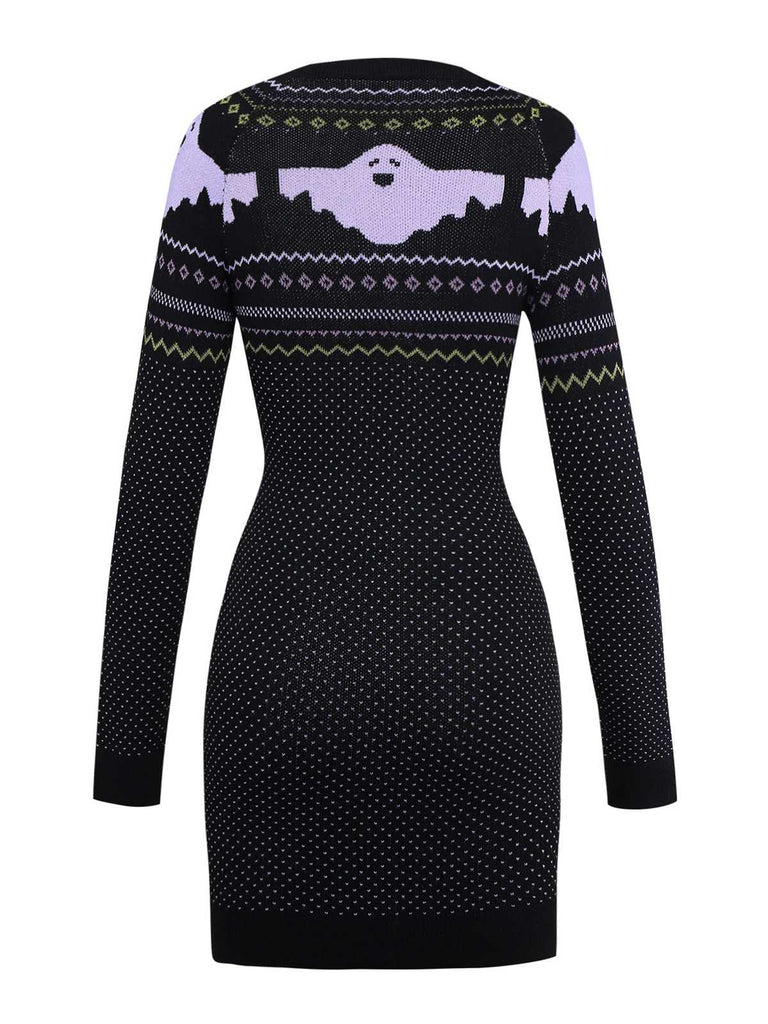 Schwarz 1960er Halloween Dots Geist Pullover Kleid