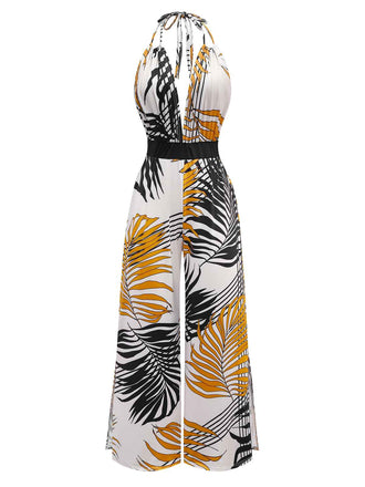 1970er Boho Blumen Schnürung Halter Jumpsuit